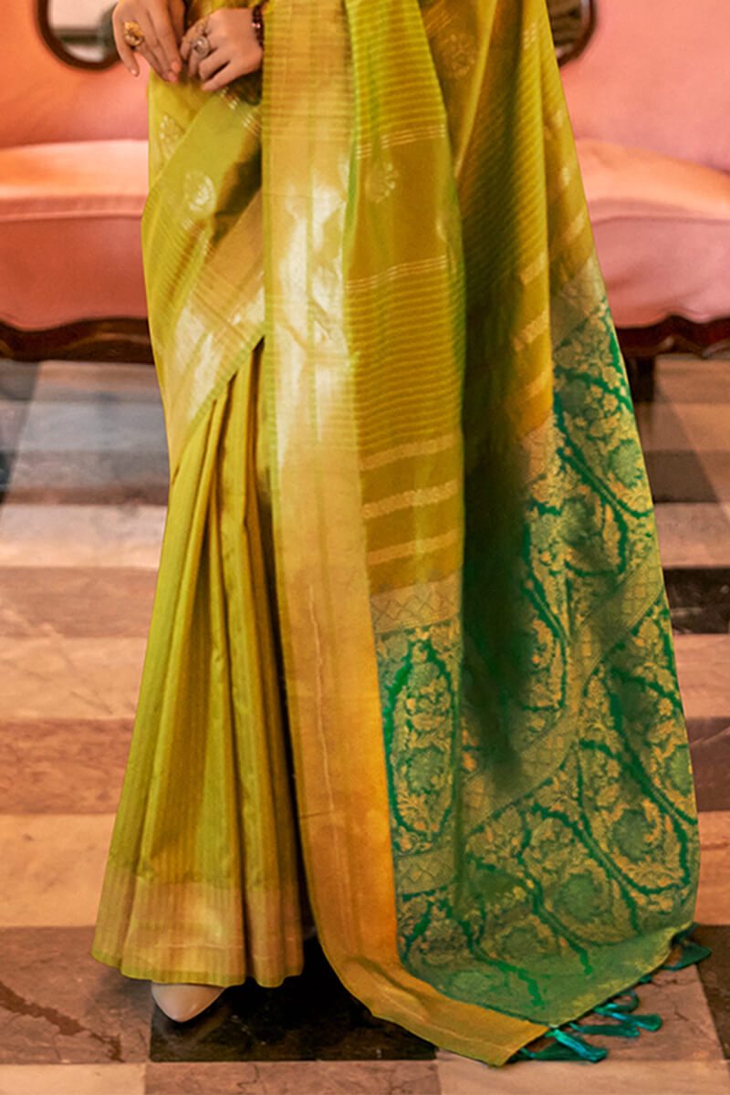 Surpassing Mehndi Soft Banarasi Silk Saree With Skinny Blouse Piece