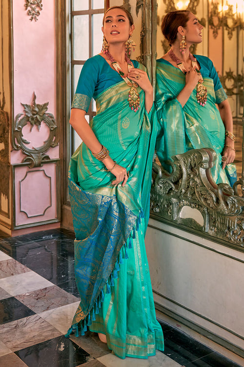 Load image into Gallery viewer, Phenomenal Sea Green Soft Banarasi Silk Saree With Intricate Blouse Piece
