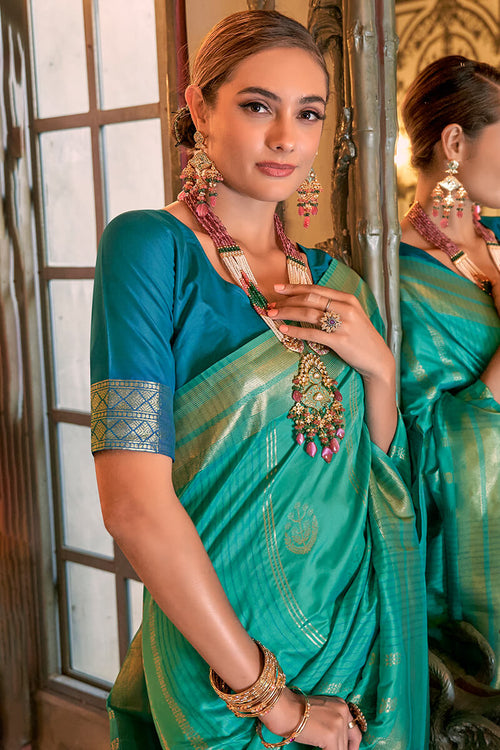 Load image into Gallery viewer, Phenomenal Sea Green Soft Banarasi Silk Saree With Intricate Blouse Piece
