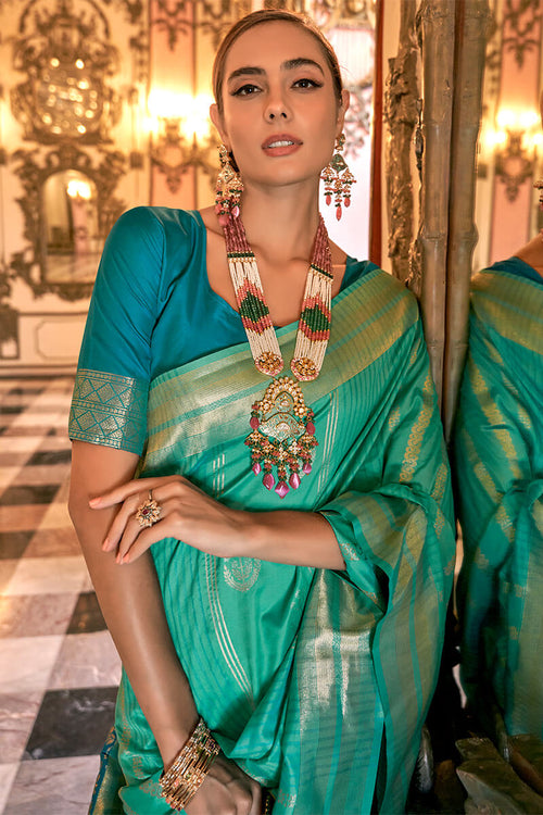 Load image into Gallery viewer, Phenomenal Sea Green Soft Banarasi Silk Saree With Intricate Blouse Piece
