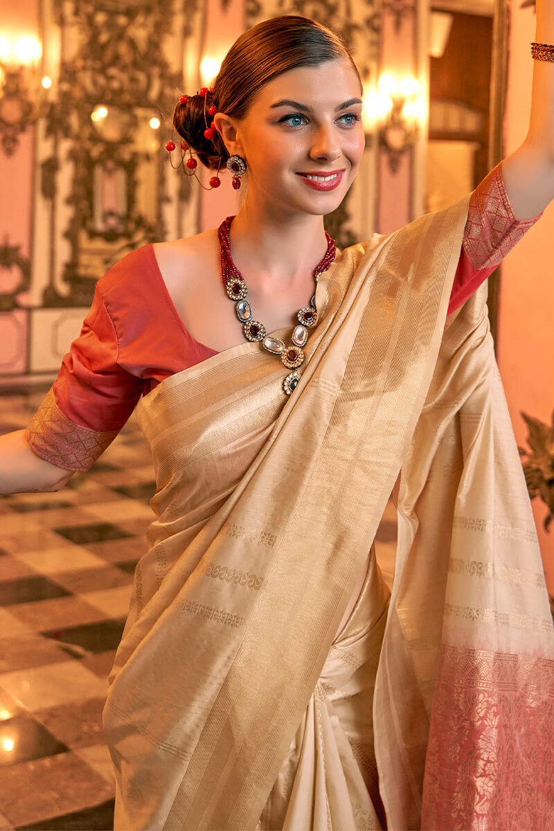 Ravishing Beige Soft Banarasi Silk Saree With Preferable Blouse Piece