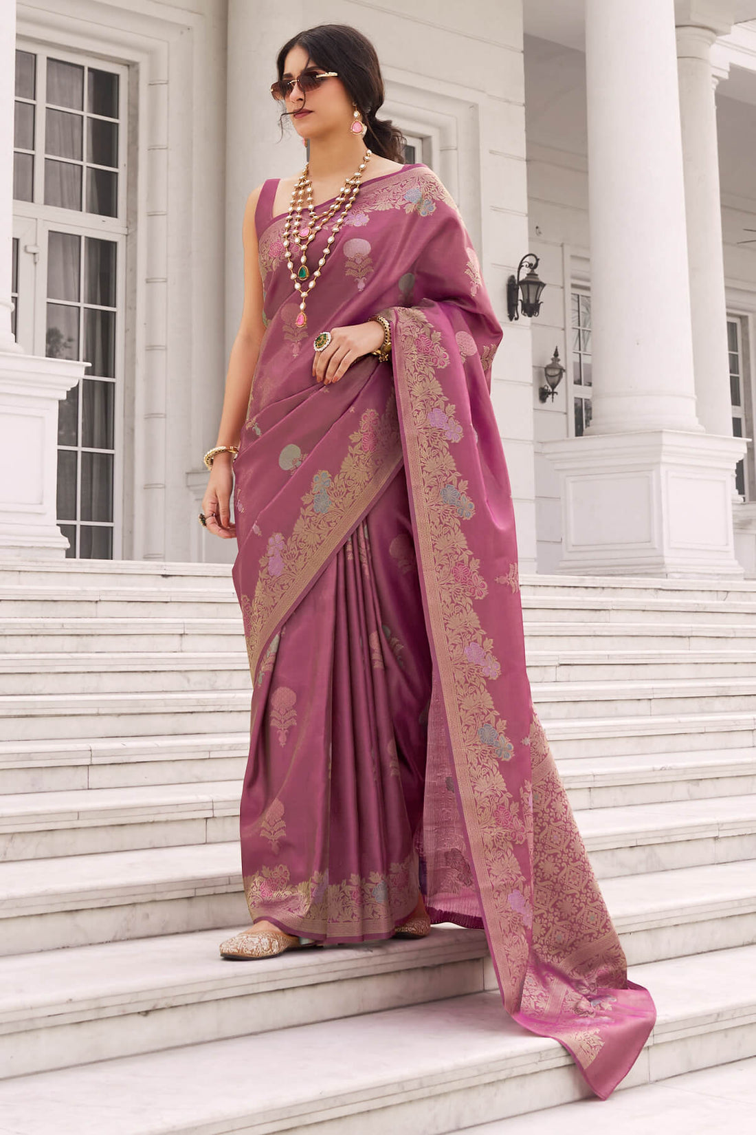 Dazzling Wine Banarasi Tissue Silk Saree With Incredible Blouse Piece