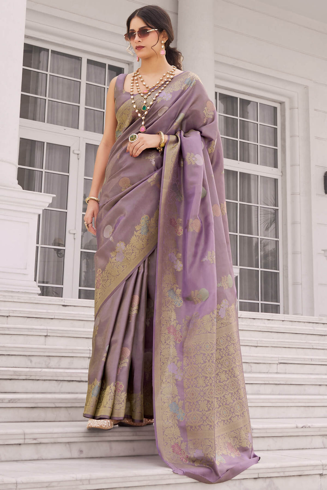 Adorable Lavender Banarasi Tissue Silk Saree With Delightful Blouse Piece