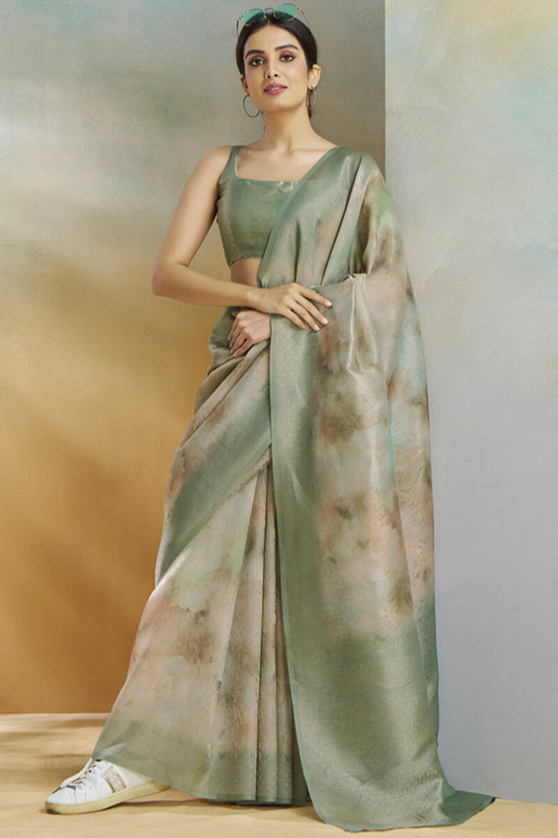 Panache Pista Digital Printed Soft Silk Saree With Petrichor Blouse Piece
