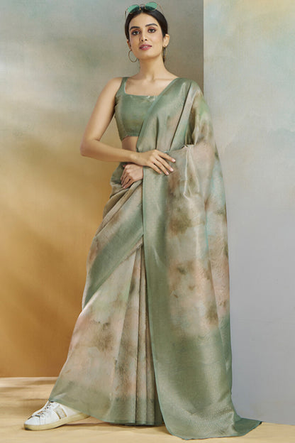 Panache Pista Digital Printed Soft Silk Saree With Petrichor Blouse Piece