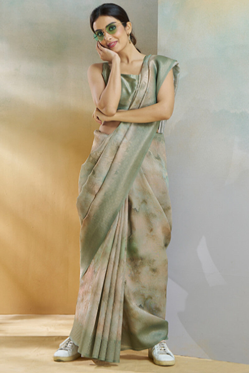 Panache Pista Digital Printed Soft Silk Saree With Petrichor Blouse Piece