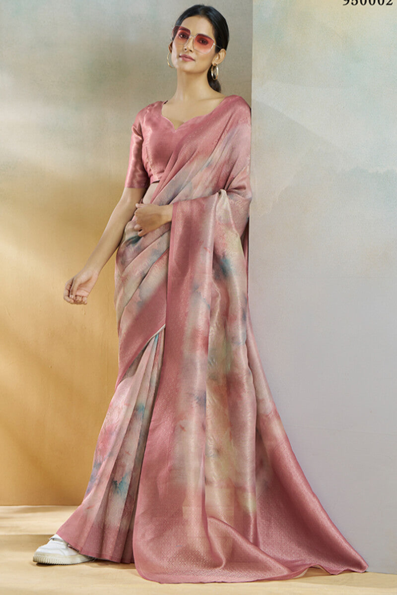 Enticing Pink Digital Printed Soft Silk Saree With Glittering Blouse Piece
