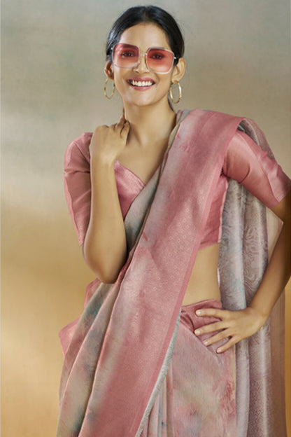 Enticing Pink Digital Printed Soft Silk Saree With Glittering Blouse Piece