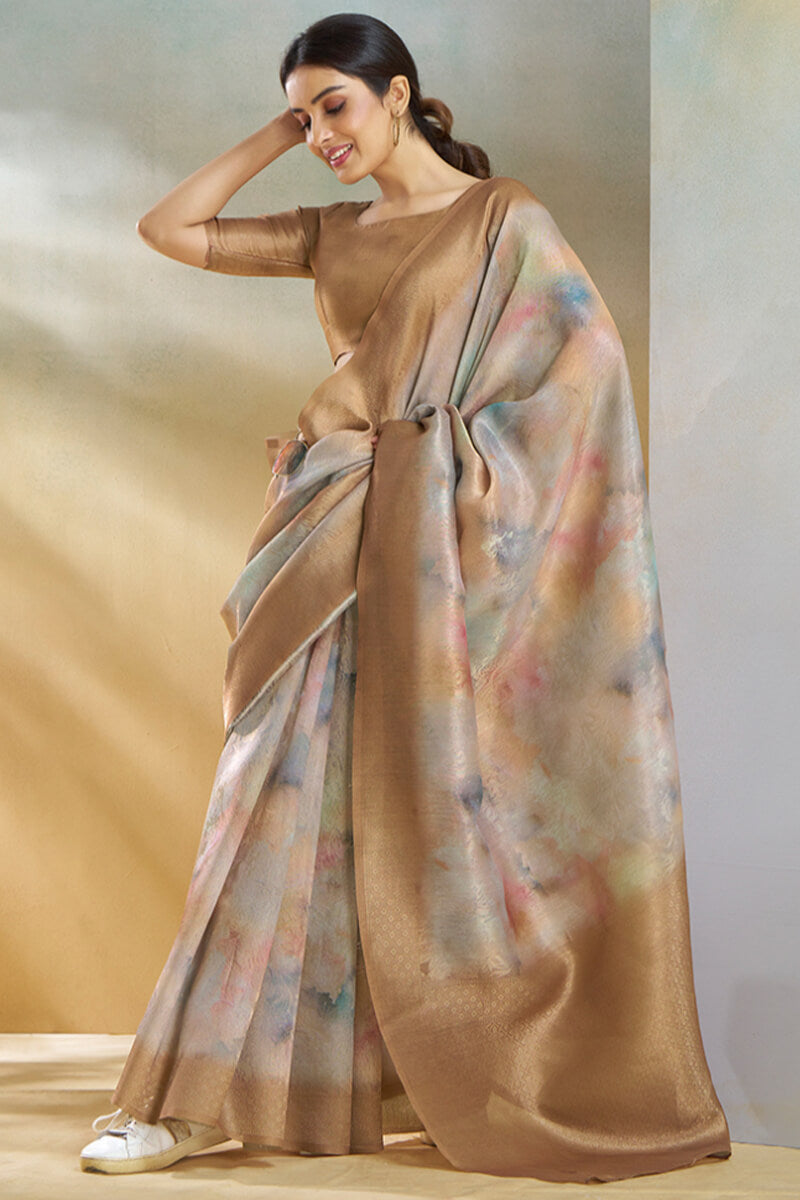 Redolent Brown Digital Printed Soft Silk Saree With Inimitable Blouse Piece