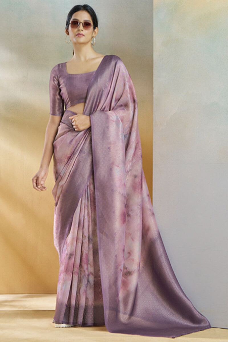 Elaborate Lavender Digital Printed Soft Silk Saree With Sophisticated Blouse Piece