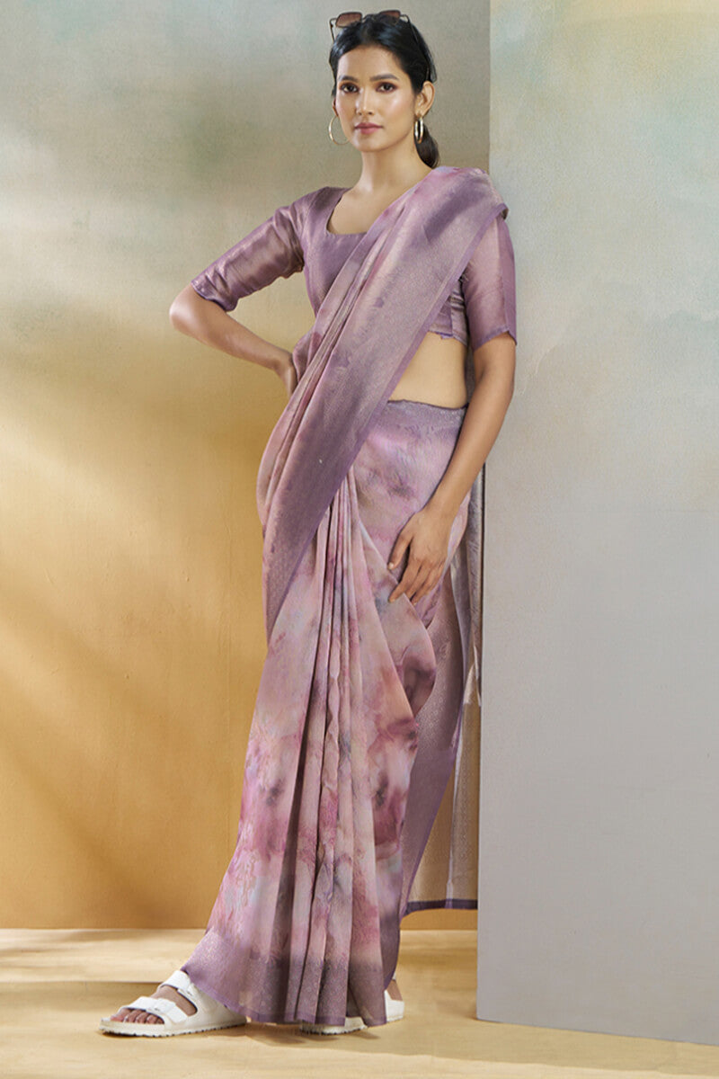 Elaborate Lavender Digital Printed Soft Silk Saree With Sophisticated Blouse Piece