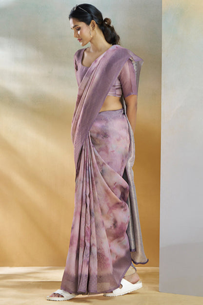 Elaborate Lavender Digital Printed Soft Silk Saree With Sophisticated Blouse Piece