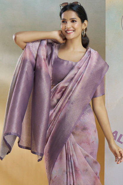 Elaborate Lavender Digital Printed Soft Silk Saree With Sophisticated Blouse Piece