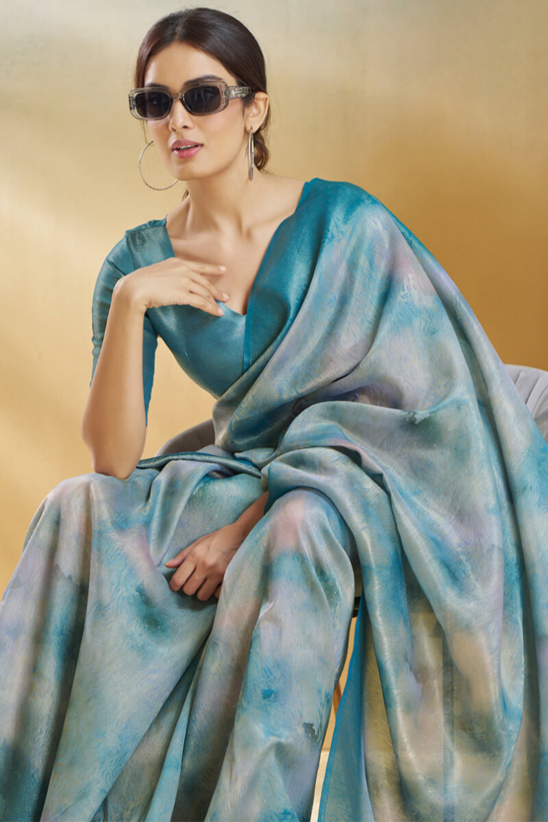 Dissemble Blue Digital Printed Soft Silk Saree With Serendipity Blouse Piece