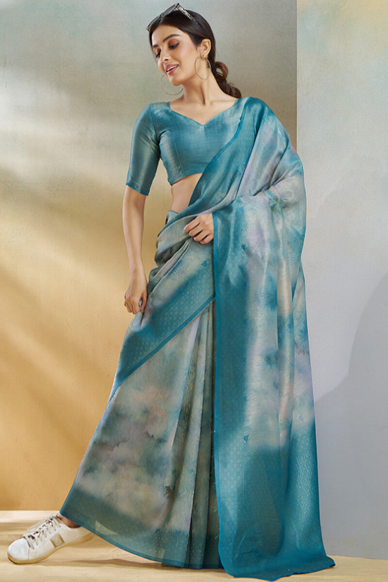 Dissemble Blue Digital Printed Soft Silk Saree With Serendipity Blouse Piece