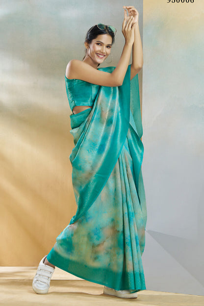 Beguiling Turquoise Digital Printed Soft Silk Saree With Alluring Blouse Piece