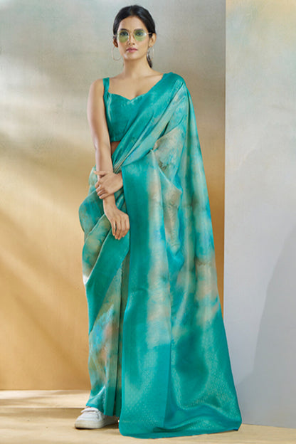 Beguiling Turquoise Digital Printed Soft Silk Saree With Alluring Blouse Piece