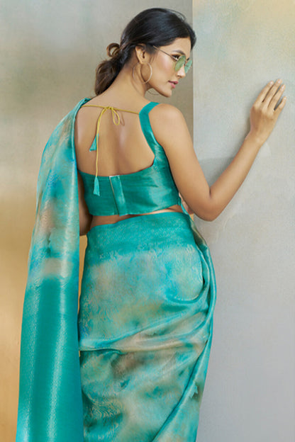 Beguiling Turquoise Digital Printed Soft Silk Saree With Alluring Blouse Piece