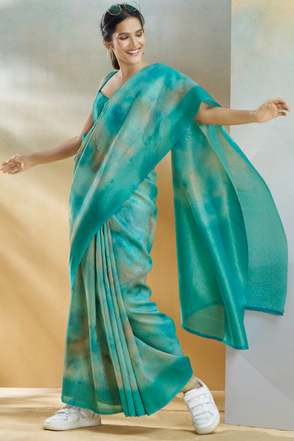 Beguiling Turquoise Digital Printed Soft Silk Saree With Alluring Blouse Piece