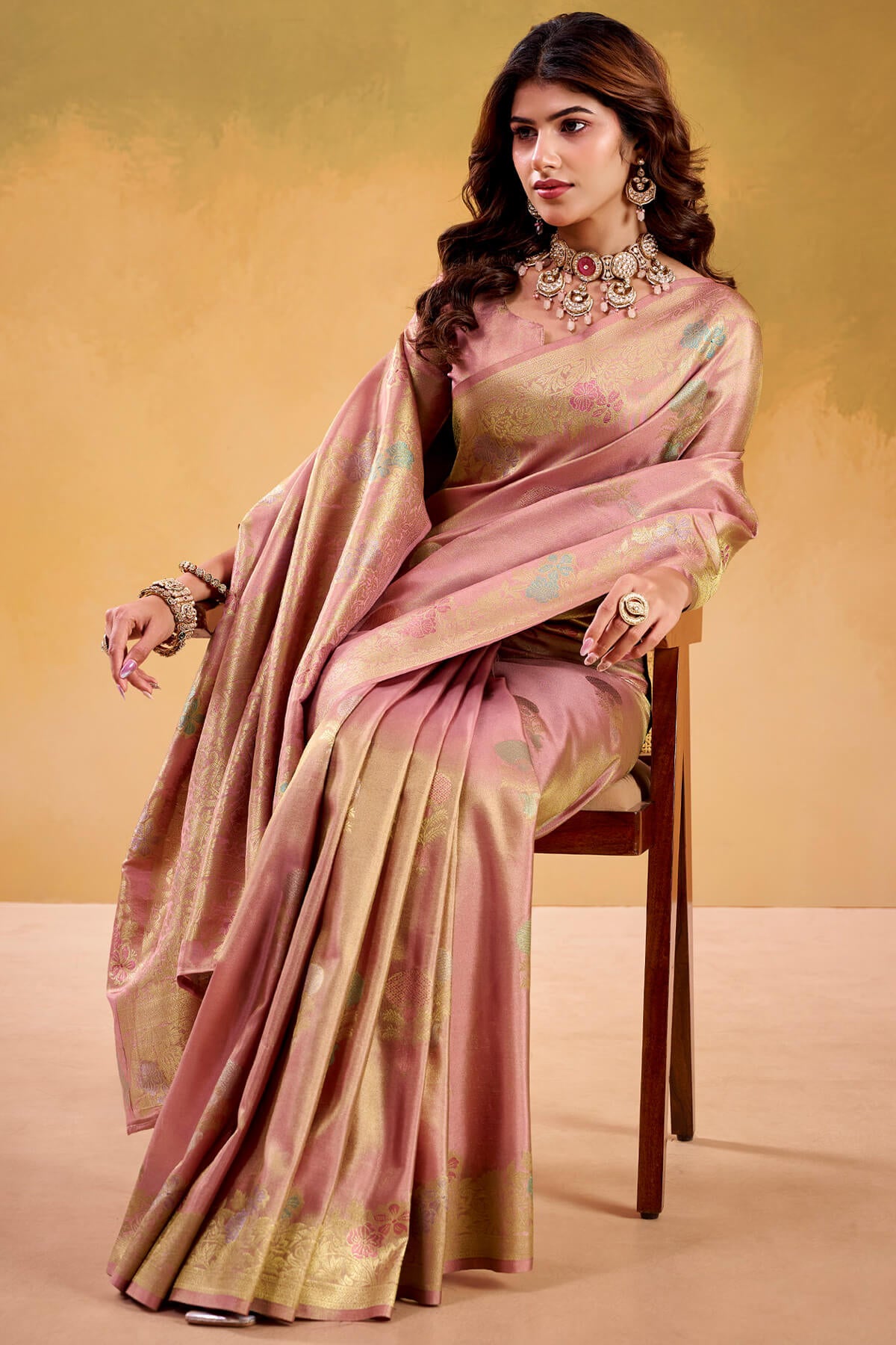 Panache Baby Pink Banarasi Tissue Silk Saree With Beleaguer Blouse Piece