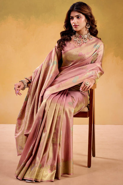 Panache Baby Pink Banarasi Tissue Silk Saree With Beleaguer Blouse Piece