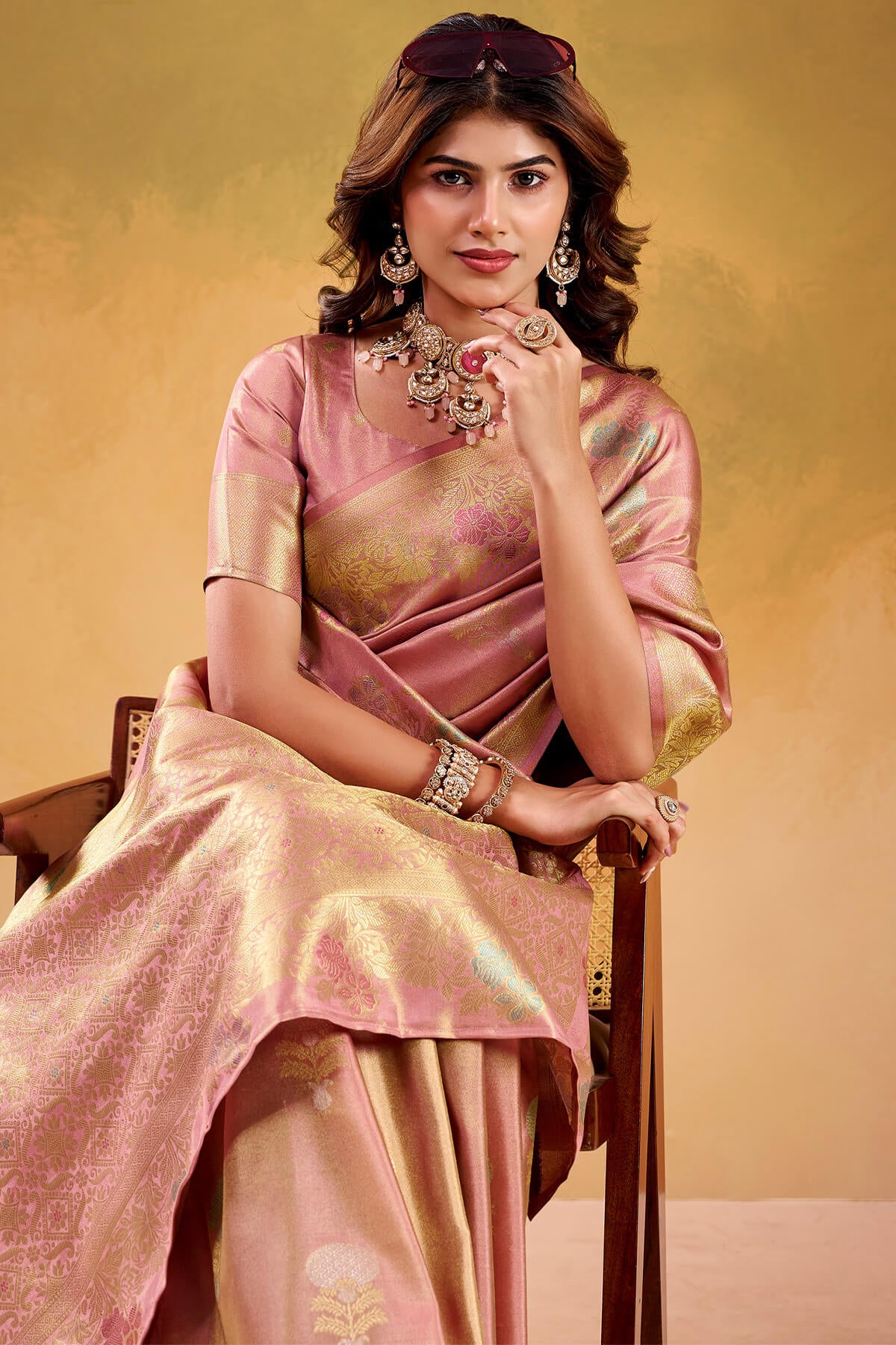 Panache Baby Pink Banarasi Tissue Silk Saree With Beleaguer Blouse Piece