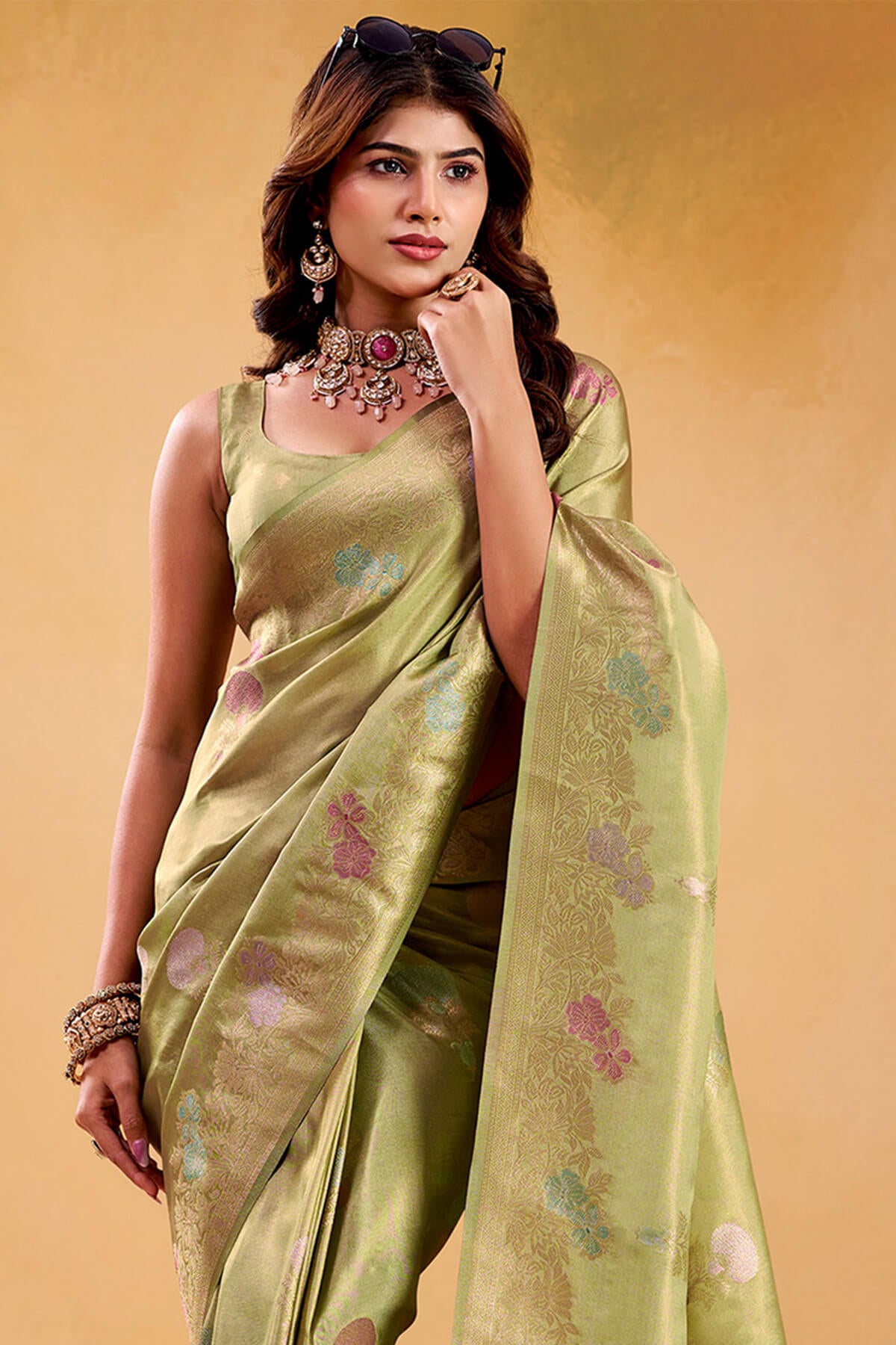 Snappy Green Banarasi Tissue Silk Saree With Eye-catching Blouse Piece