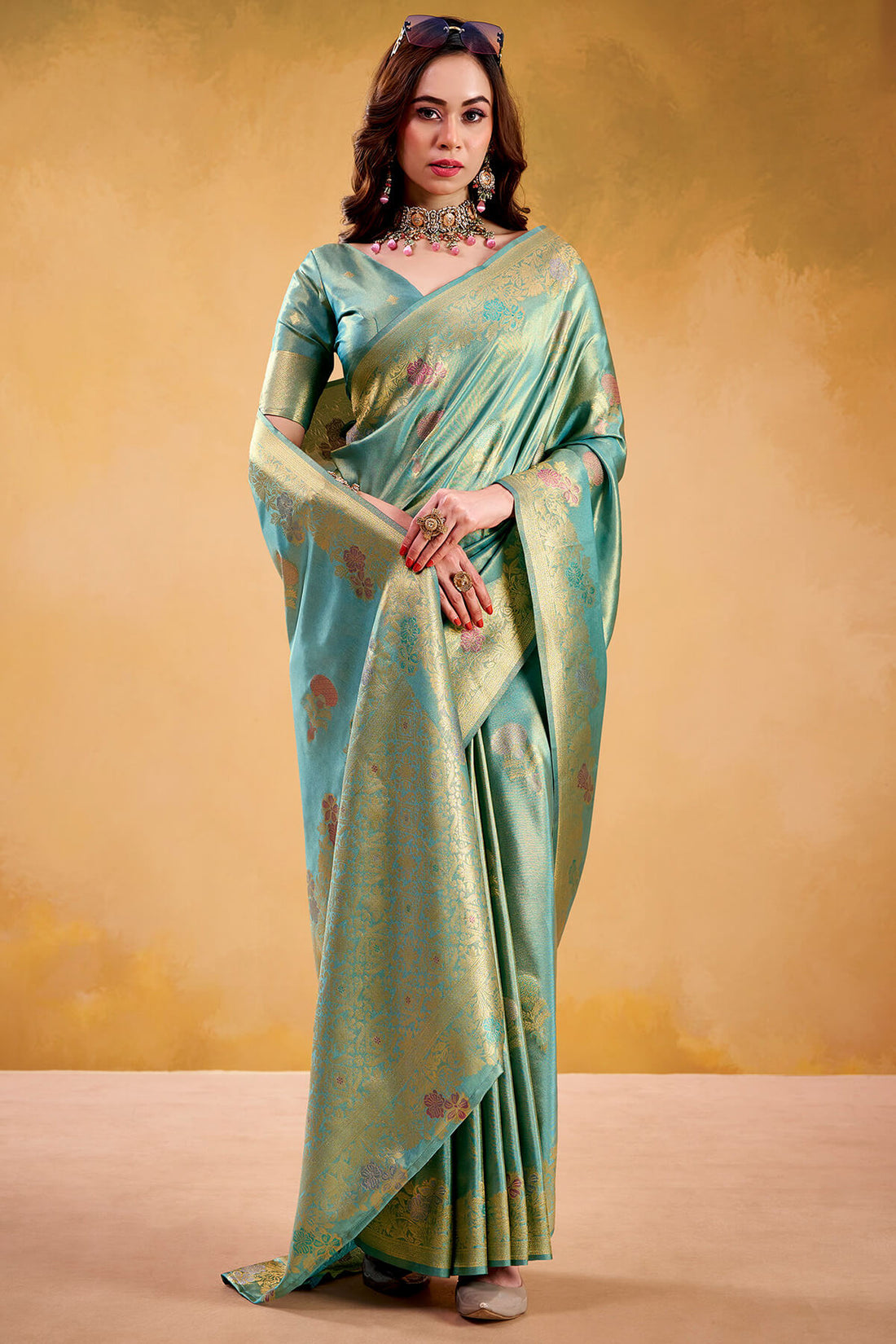 Epiphany Turquoise Banarasi Tissue Silk Saree With Pleasurable Blouse Piece
