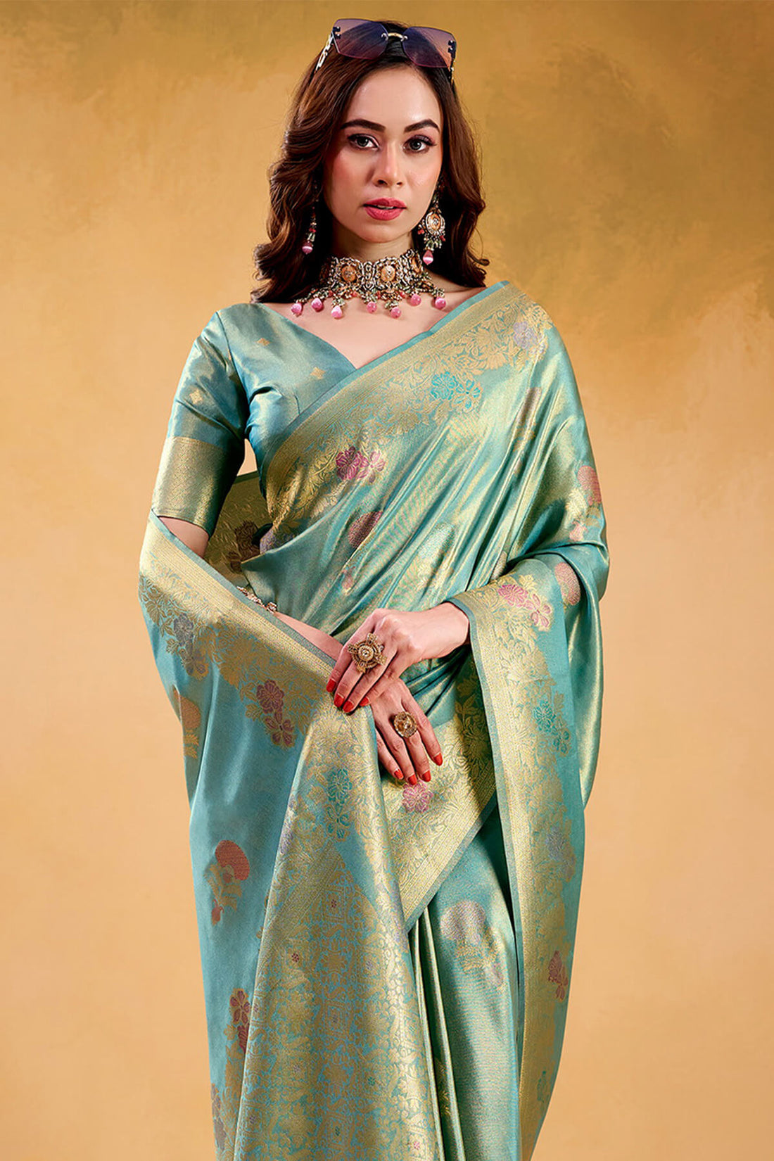 Epiphany Turquoise Banarasi Tissue Silk Saree With Pleasurable Blouse Piece