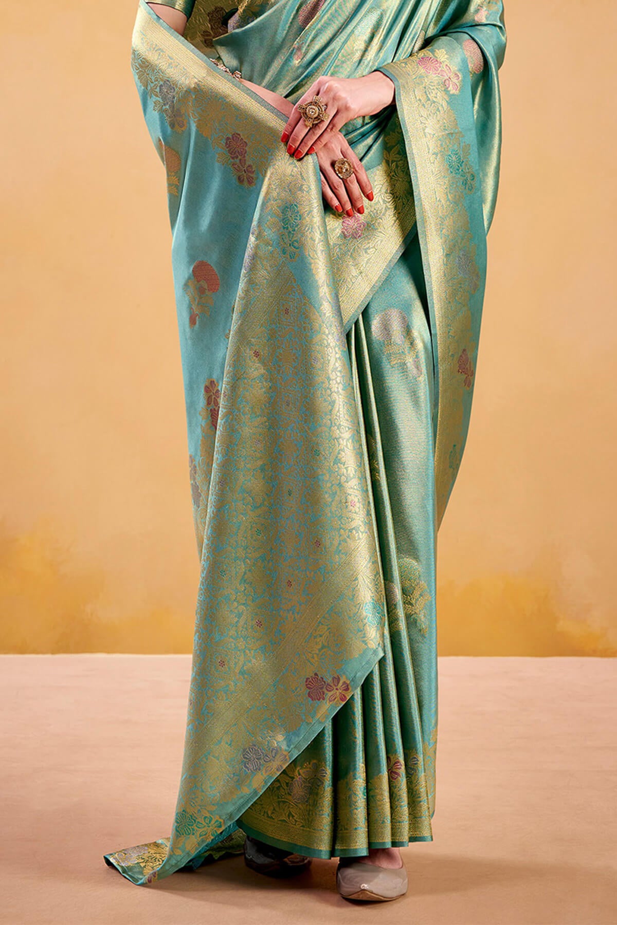 Epiphany Turquoise Banarasi Tissue Silk Saree With Pleasurable Blouse Piece