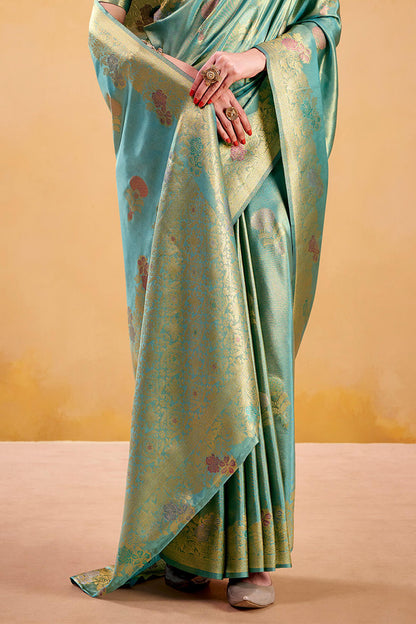 Epiphany Turquoise Banarasi Tissue Silk Saree With Pleasurable Blouse Piece