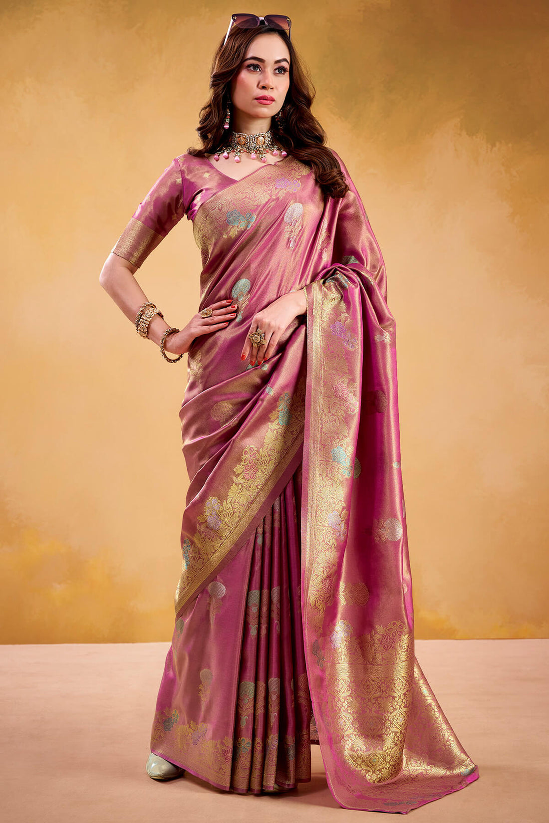 Stylish Pink Banarasi Tissue Silk Saree With Resonant Blouse Piece