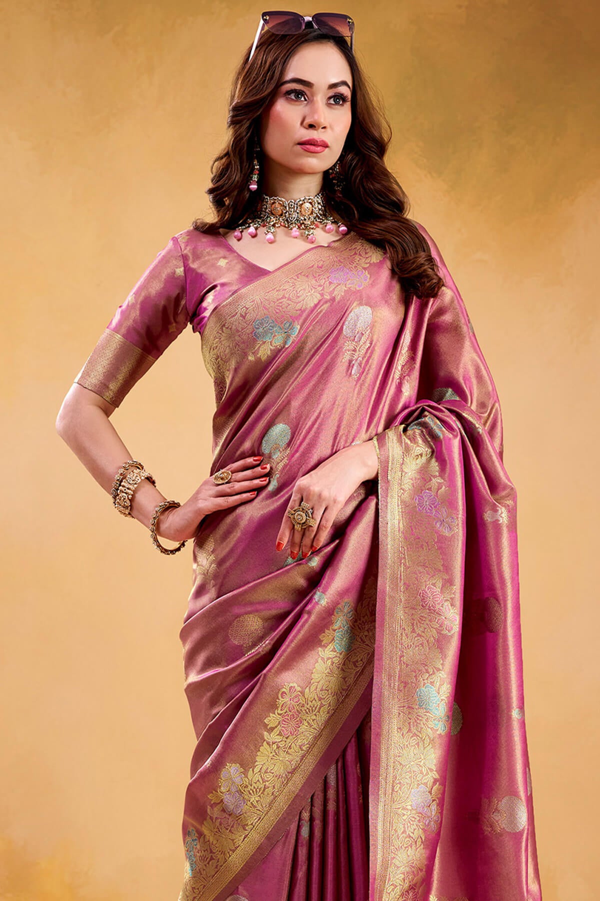 Stylish Pink Banarasi Tissue Silk Saree With Resonant Blouse Piece