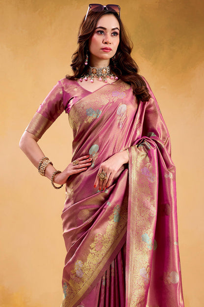 Stylish Pink Banarasi Tissue Silk Saree With Resonant Blouse Piece