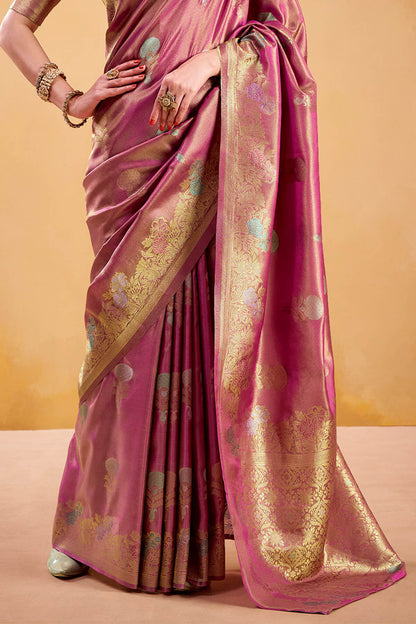 Stylish Pink Banarasi Tissue Silk Saree With Resonant Blouse Piece