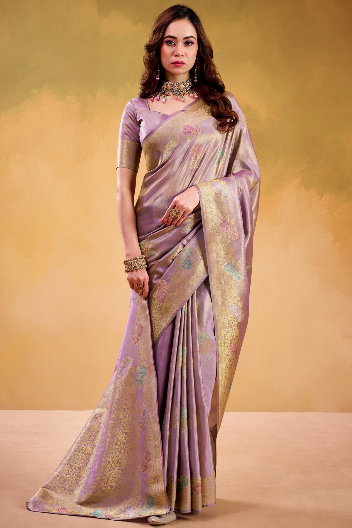 Unique Lavender Banarasi Tissue Silk Saree With Ideal Blouse Piece