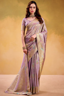 Unique Lavender Banarasi Tissue Silk Saree With Ideal Blouse Piece