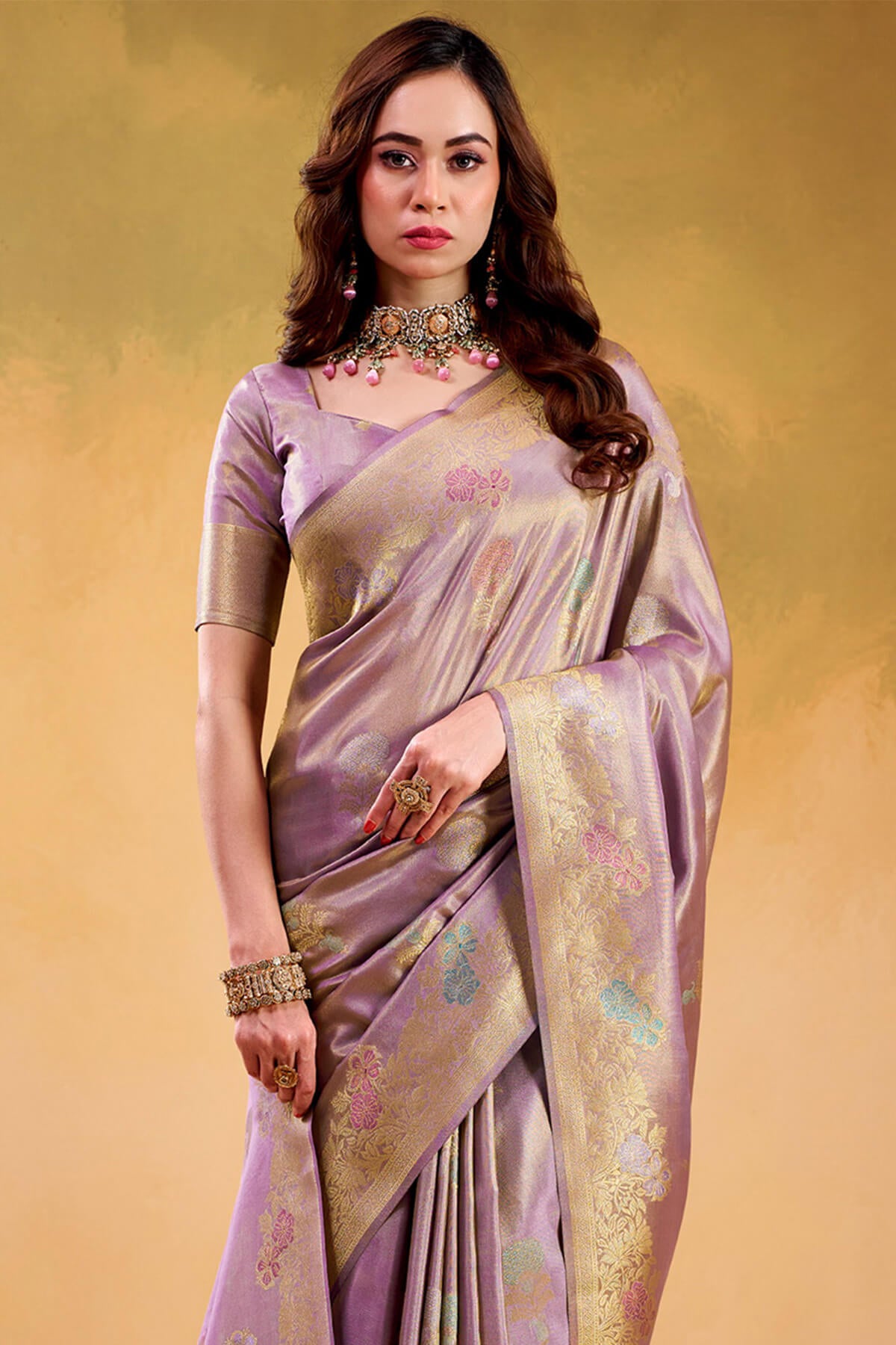 Unique Lavender Banarasi Tissue Silk Saree With Ideal Blouse Piece