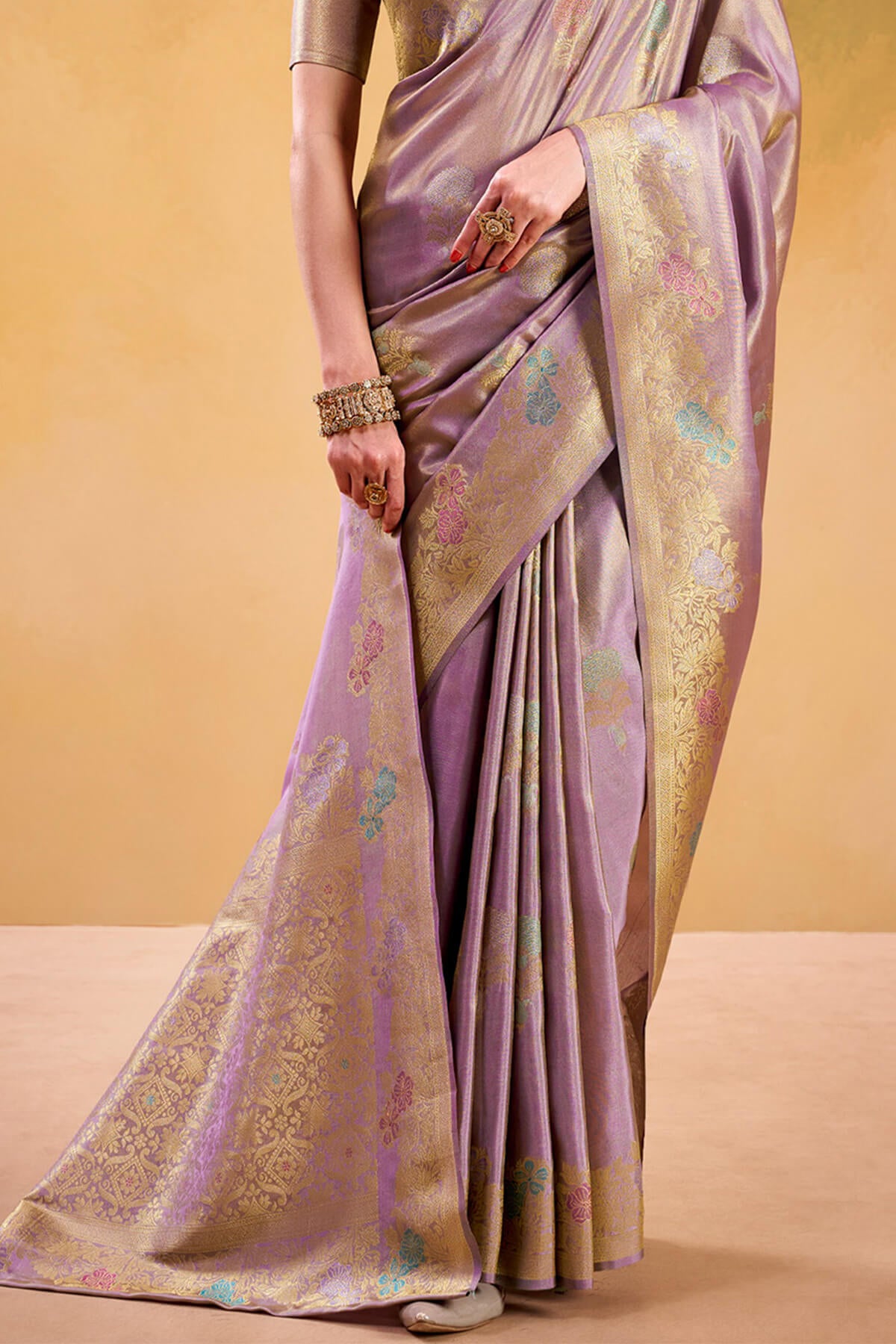 Unique Lavender Banarasi Tissue Silk Saree With Ideal Blouse Piece