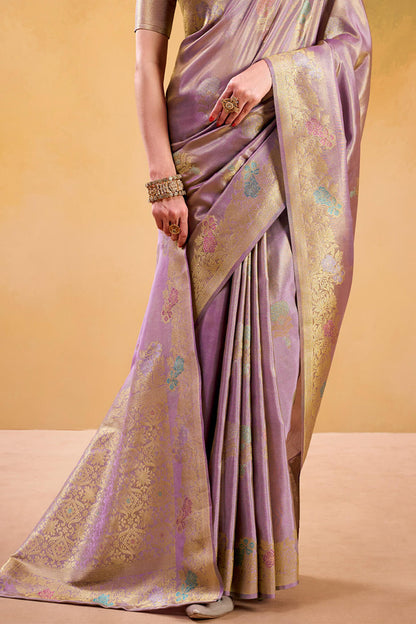 Unique Lavender Banarasi Tissue Silk Saree With Ideal Blouse Piece