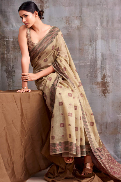 Excellent Beige Cotton Silk Saree With Supernal Blouse Piece