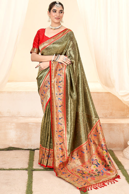 Load image into Gallery viewer, Diaphanous Mehndi Paithani Silk Saree With Elision Blouse Piece
