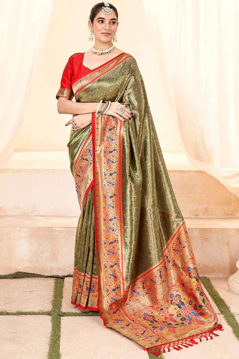 Diaphanous Mehndi Paithani Silk Saree With Elision Blouse Piece