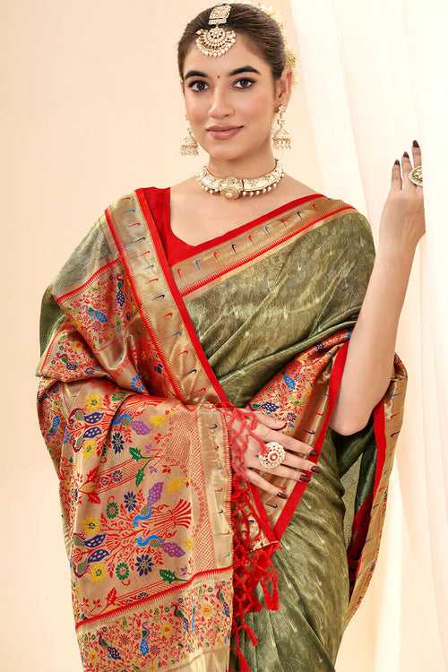 Load image into Gallery viewer, Diaphanous Mehndi Paithani Silk Saree With Elision Blouse Piece
