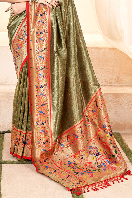 Load image into Gallery viewer, Diaphanous Mehndi Paithani Silk Saree With Elision Blouse Piece
