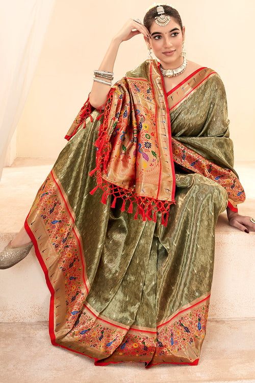 Load image into Gallery viewer, Diaphanous Mehndi Paithani Silk Saree With Elision Blouse Piece
