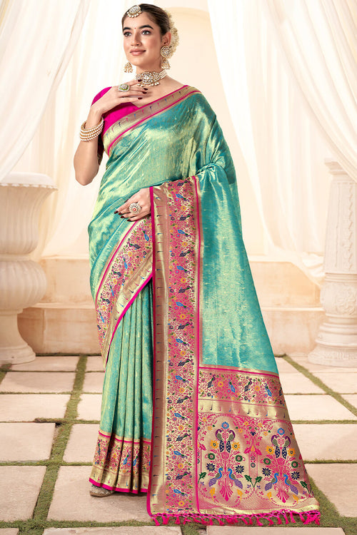 Load image into Gallery viewer, Nemesis Sea Green Paithani Silk Saree With Sempiternal Blouse Piece
