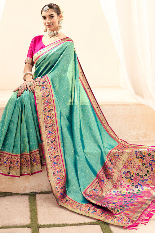 Load image into Gallery viewer, Nemesis Sea Green Paithani Silk Saree With Sempiternal Blouse Piece
