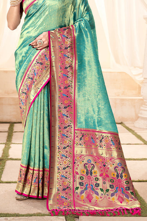 Load image into Gallery viewer, Nemesis Sea Green Paithani Silk Saree With Sempiternal Blouse Piece
