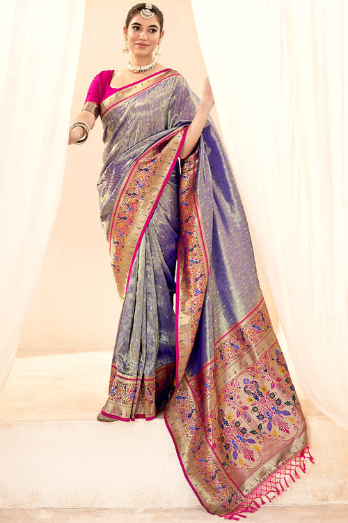 Load image into Gallery viewer, Woebegone Blue Paithani Silk Saree With Fantabulous Blouse Piece
